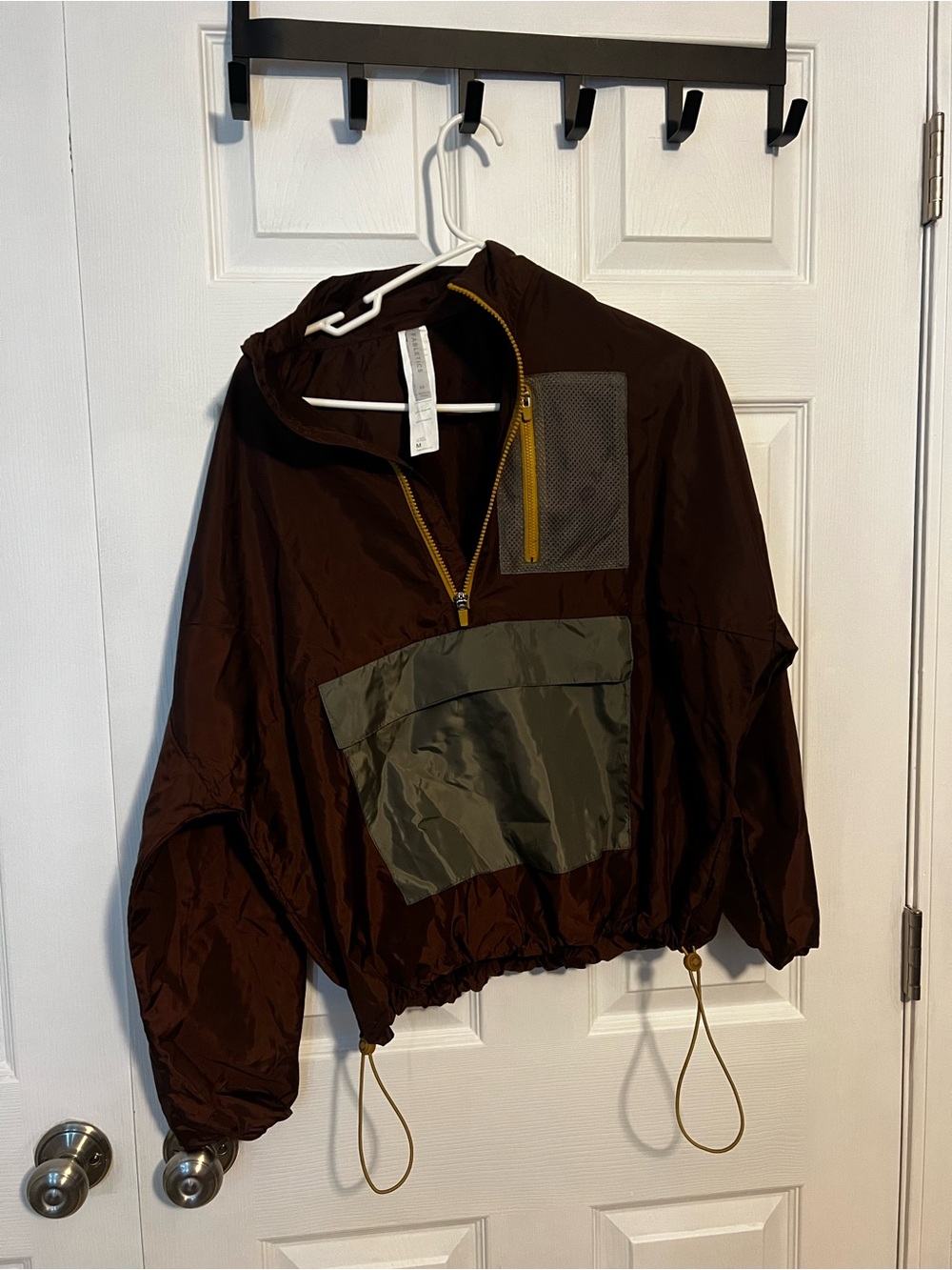 Fabletics Chocolate Brown Windbreaker with Yellow Zipper and Olive Pocket